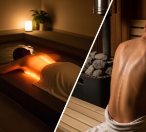 岩盤浴の遠赤外線による体の深部への穏やかな加温（深部体温）と、サウナの高温による体表の強い刺激（発汗）という、根本的な違いをグラフィックやシンボルで対比させた画像