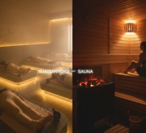 岩盤浴とサウナの室内で利用している人々の画像