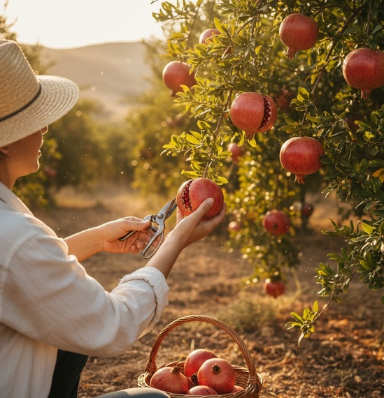 ざくろがたわわに実る木の下で、誰かの手がざくろをそっと収穫している後ろ姿