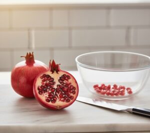 清潔な白いまな板の上で、半分にカットされたざくろと、これから粒を取り出されるであろう丸ごとのざくろが置かれている画像