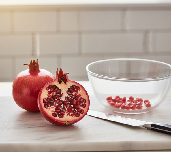 清潔な白いまな板の上で、半分にカットされたざくろと、これから粒を取り出されるであろう丸ごとのざくろが置かれている画像