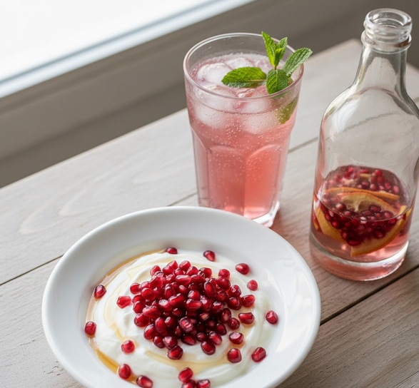 朝食のテーブルを俯瞰で捉えた写真。手前にはヨーグルトがたっぷり入った白いボウルがあり、その上にはルビー色のざくろの粒が美しく散りばめられている画像