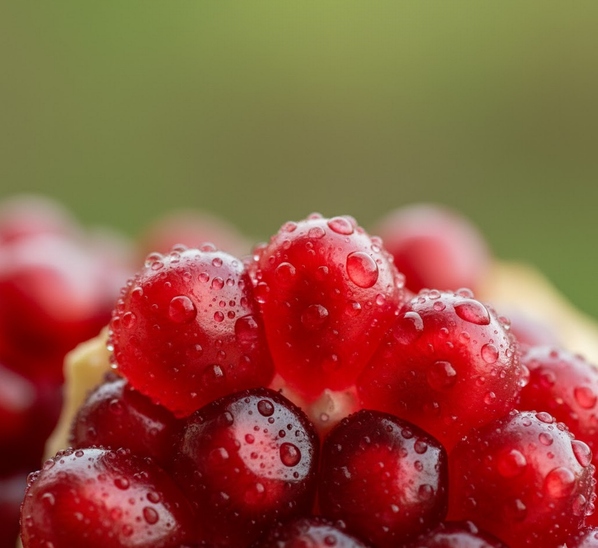 水滴がつき、みずみずしさを感じさせるざくろの粒のクローズアップ画像