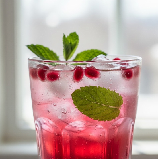 透明なグラスに注がれた、氷とミントの葉が入ったざくろソーダのアップショット