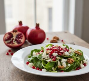 しゃれな白い皿に盛られた、ざくろの粒を散らしたシンプルなサラダ画像