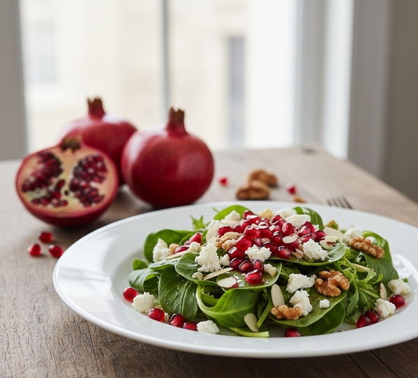 しゃれな白い皿に盛られた、ざくろの粒を散らしたシンプルなサラダ画像