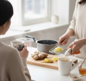 マグカップに注がれた熱いお湯と、その上から生姜チューブを絞り出している手元のクローズアップ。チューブの先に生姜ペーストが出ている瞬間を捉え、その手軽さを表現画像