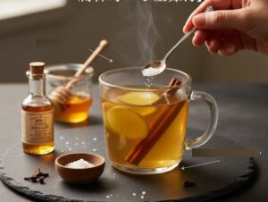 温かい生姜湯が入ったカップを中心に、リンゴ酢の瓶や、ひとつまみの塩、シナモンスティックなどのスパイスが添えられている画像