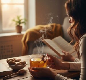 温かい生姜湯を前に、リラックスした様子で読書やデスクワークをしている人物の後ろ姿