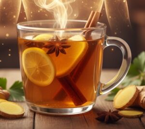 温かい生姜湯のカップから立ち上る湯気が上がる画像