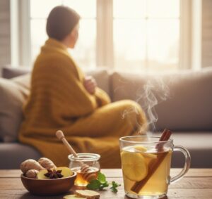 温かい生姜湯のカップがテーブルに置かれ、その奥には、朝日が差し込む窓辺で、毛布にくるまってリラックスしている人の後ろ姿が小さく見える画像