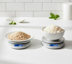 白いミニマルなキッチンカウンターの上に、乾燥状態のオートミール30g（小さな山）と、白米ご飯150g（茶碗盛り）が並び、それぞれの奥にはデジタルスケールが置かれている画像