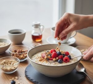 出来上がったオートミールに新鮮なベリーとナッツをトッピングしているイメージ