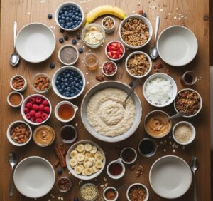 さまざまなトッピングが用意されたオートミールのテーブル