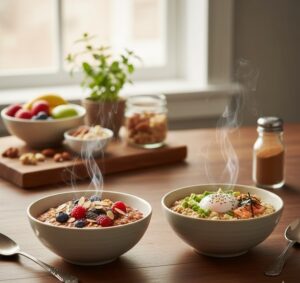 自然光が差し込むテーブルの上で、様々なトッピングがされたオートミール（ベリーとナッツ、卵とネギの和風アレンジ）がスタイリッシュな器に盛られている