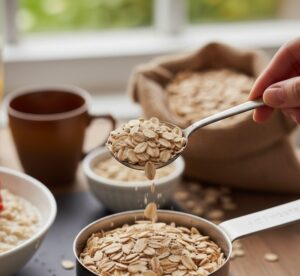 はい、承知いたしました。オートミールに関する3つのイメージを生成します。 オートミールのヘルシーな朝食イメージです。 計量されたオートミールと計量スプーンのクローズアップ