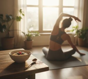 朝日を浴びる大きな窓辺の木製テーブルに、オートミールを盛り付けたボウルが置かれ、その横にはヨガマットが敷かれ、軽くストレッチをしている