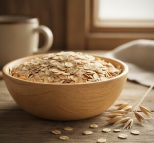 素朴な木製のボウルに盛られた乾燥状態のロールドオーツがクローズアップで写っている画像