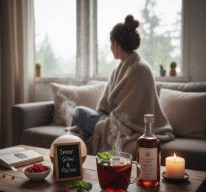 クロ酢がもたらす内面からの美しさや、リラックスした環境での摂取を表現した画像