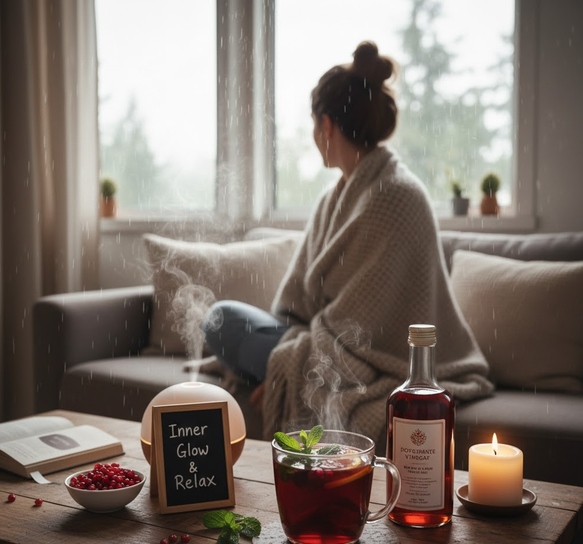 クロ酢がもたらす内面からの美しさや、リラックスした環境での摂取を表現した画像