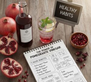 ハーブとザクロ酢、そして手書きのメモの画像