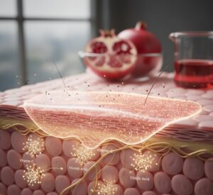 ザクロ由来の成分が肌の表面に薄い保護層を形成し、外部の刺激から肌を守っている様子を、光のバリアと繊細なテクスチャで表現