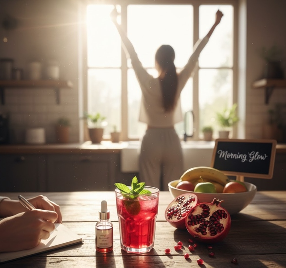 朝の光が差し込むキッチンでの一杯のザクロ酢がテーブルに置いてある画像