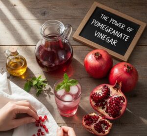 鮮やかなザクロとザクロ酢ドリンクの画像