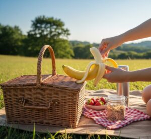 バナナが持つ「手軽さ」と「自然な甘さ」に焦点を当て、ピクニックやアウトドアシーンでの軽食の画像