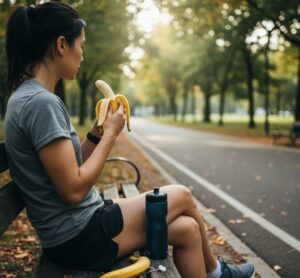 ランニング中の休憩で、ベンチに座ってバナナを食べている様子