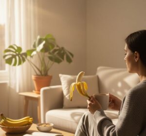 バナナを片手にくつろぐ様子。手軽に栄養がとれるバナナは、忙しい毎日の強い味方