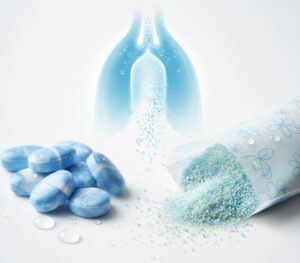 龍角散ダイレクトのだブレットと顆粒の画像と肺の画像がミックスされた写真