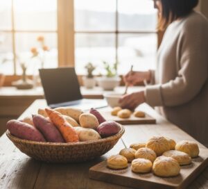 窓からやわらかな光が差し込むキッチンで、テーブルに置かれたカゴいっぱいのさつまいもと、その横に並べられた手作りの小さなスイートポテト