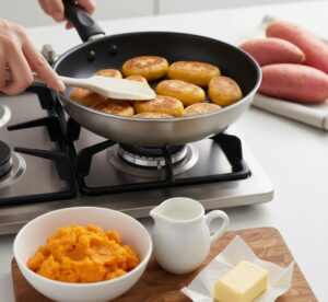 焦げ付かないフライパンの上で、美味しそうな焼き色がついたスイートポテトが並べられている画像