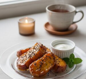 美しい盛り付けがされたガラスの皿に、つやつやとしたタレが絡んだ大学芋の画像