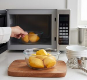 清潔感のあるキッチンのカウンターに、カットされたさつまいもが数個入った耐熱皿が置かれ、その横には電子レンジで調理している画像