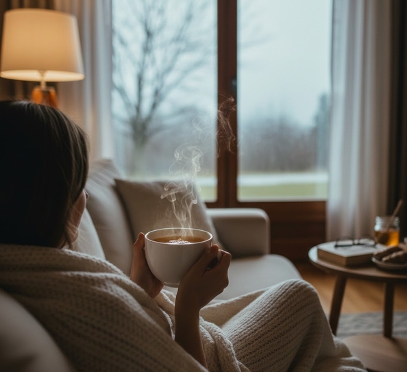 暖かい部屋で、ソファに座り、ブランケットをかけている人物の後ろ姿。手元には温かい生姜湯のカップがあり、ゆったりとリラックスしている画像