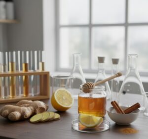 研究室のような清潔感のある空間で、フラスコやビーカー、試験管などの実験器具が並べられたテーブル。その中に、カットされた生姜、はちみつが入った小瓶、そしてレモンやシナモンのスパイスが丁寧に配置されている画像