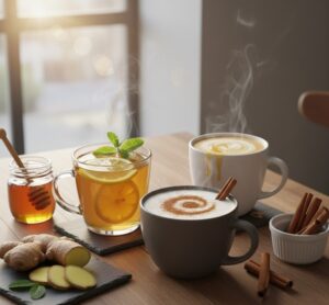 タイリッシュなカフェのような空間で、様々なアレンジが施された生姜湯のカップが複数並べられている画像