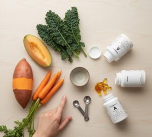 ビタミンAのサプリメントが、他の健康的な食事と並べられ、摂取量のコントロールの必要性を暗示するようなイメージ画像
