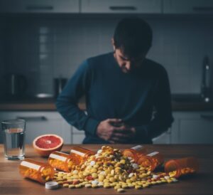 明なグラスに入った水の中に、小さな結晶が沈んでいる様子をクローズアップで撮影