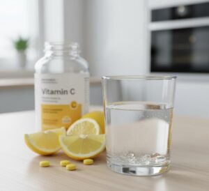 透明なグラスに入った水の中に、小さな結晶が沈んでいる様子をクローズアップで撮影