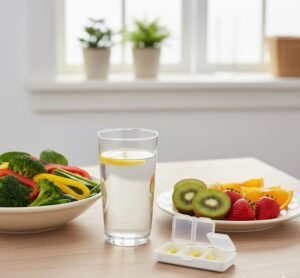 明なグラスに入った水の中に、小さな結晶が沈んでいる様子をクローズアップで撮影