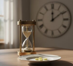 時計の文字盤や砂時計がさりげなく背景にあり、その手前に、数個のビタミンCサプリメントの錠剤が皿に分けられて置かれて