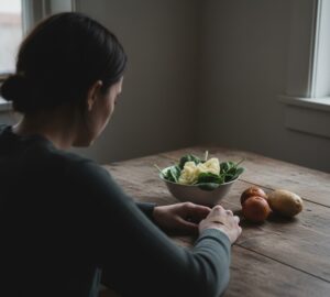 少し元気がないような、うつむき加減の人物（顔は見えない、後ろ姿か手元など）が、テーブルに置かれた彩りの少ない（あるいは枯れた）野菜や、しおれた果物を見ている様子