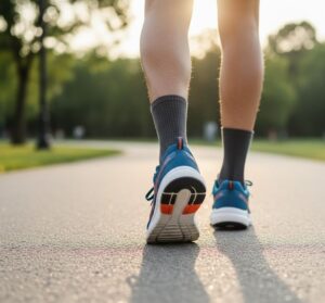 ウォーキングの継続が健康な体を作る様子を象徴的に表現しました。ウォーキングシューズを履いた足元にフォーカスし、舗装された道を軽快に歩む様子