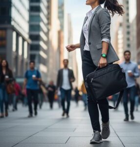 賑やかな都市の通りを、通勤中と思われるビジネスパーソンが軽快に歩いているシーン
