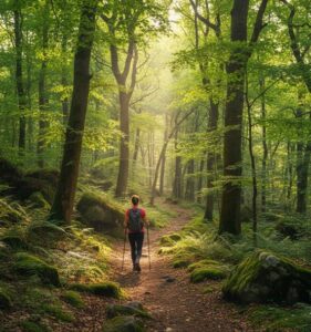 ウォーキングが自然の中で心身をリフレッシュさせる様子を表現しました。緑豊かな森林の中の小道を、ハイキングを楽しむ人の後ろ姿