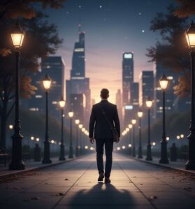ウォーキングがもたらす穏やかな心の状態と、街の風景が調和する様子を表現しました。夕暮れ時、街灯が灯り始めた並木道を、ゆっくりと散策する人の後ろ姿