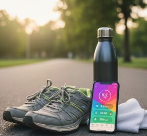 ウォーキングシューズと、その隣に置かれた水筒、タオル、そしてスマートフォンのクローズアップ画像